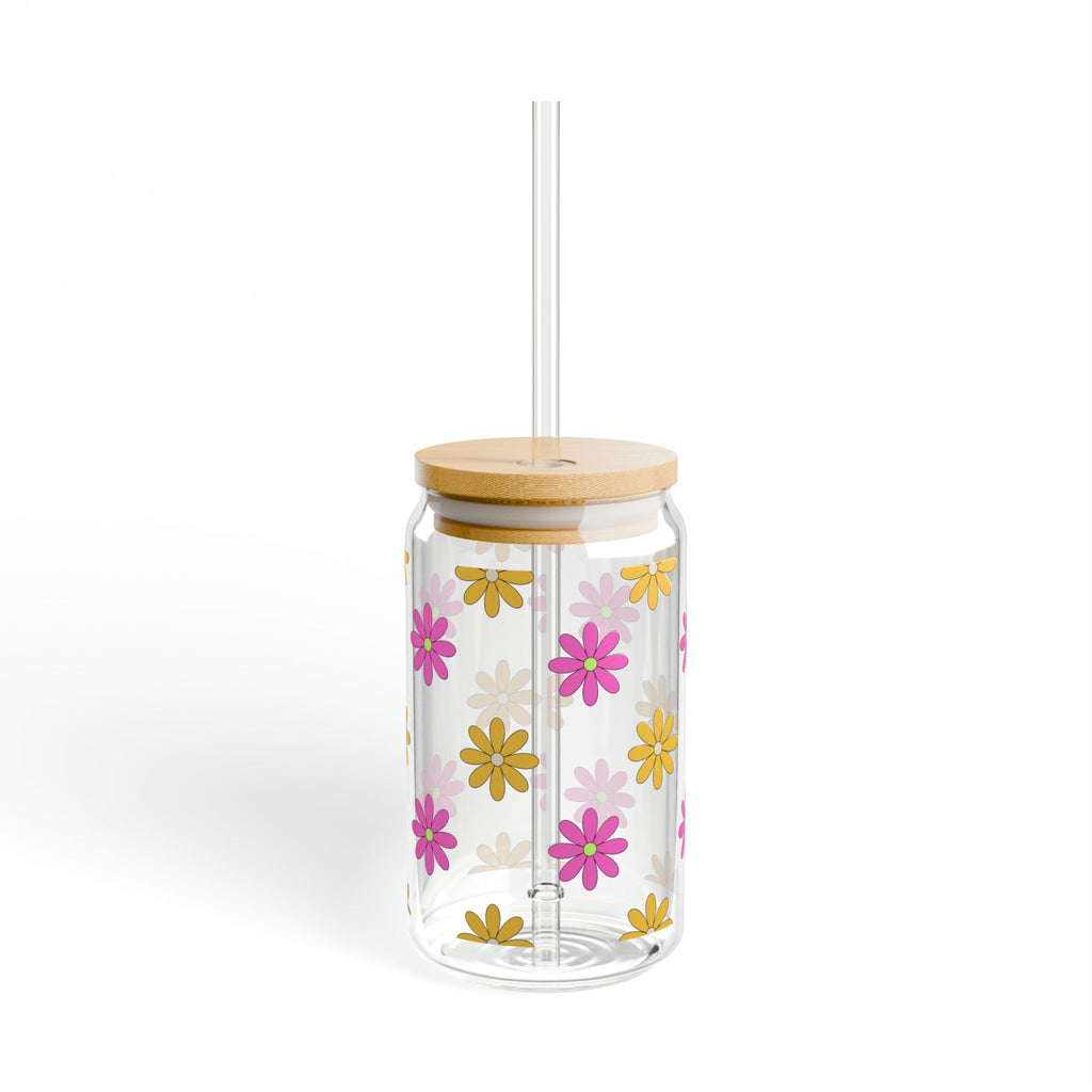 Daisy Floral Sipper Glass, 16oz with Lid and Straw - Pink and Yellow Flower Pattern, Drinkware, Tumbler Cup, Summer Gift, Reusable Beverage