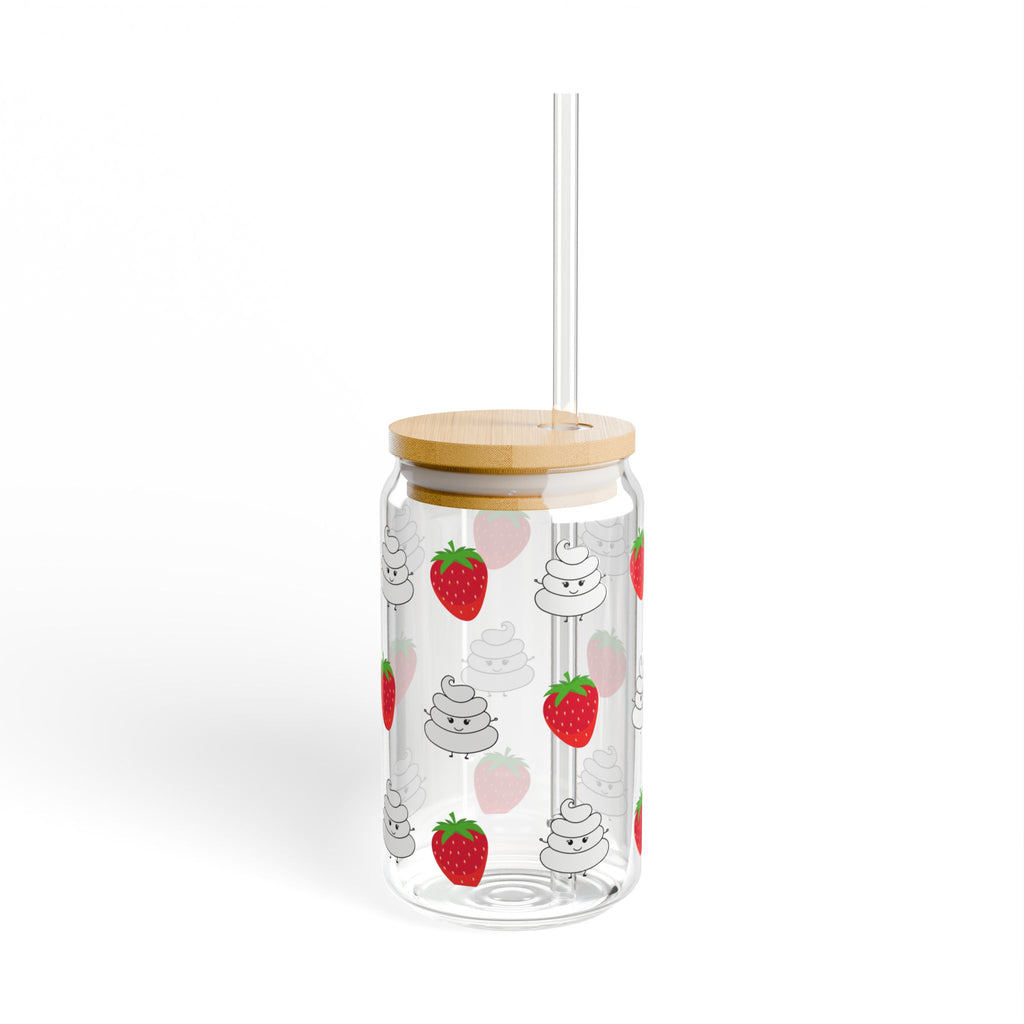 Sipper Glass, 16oz with Lid and Straw, Strawberries and Cream Design - Summer Tumbler, Fruit Lover Gift, Cute Drinkware, Glass Water Bottle,