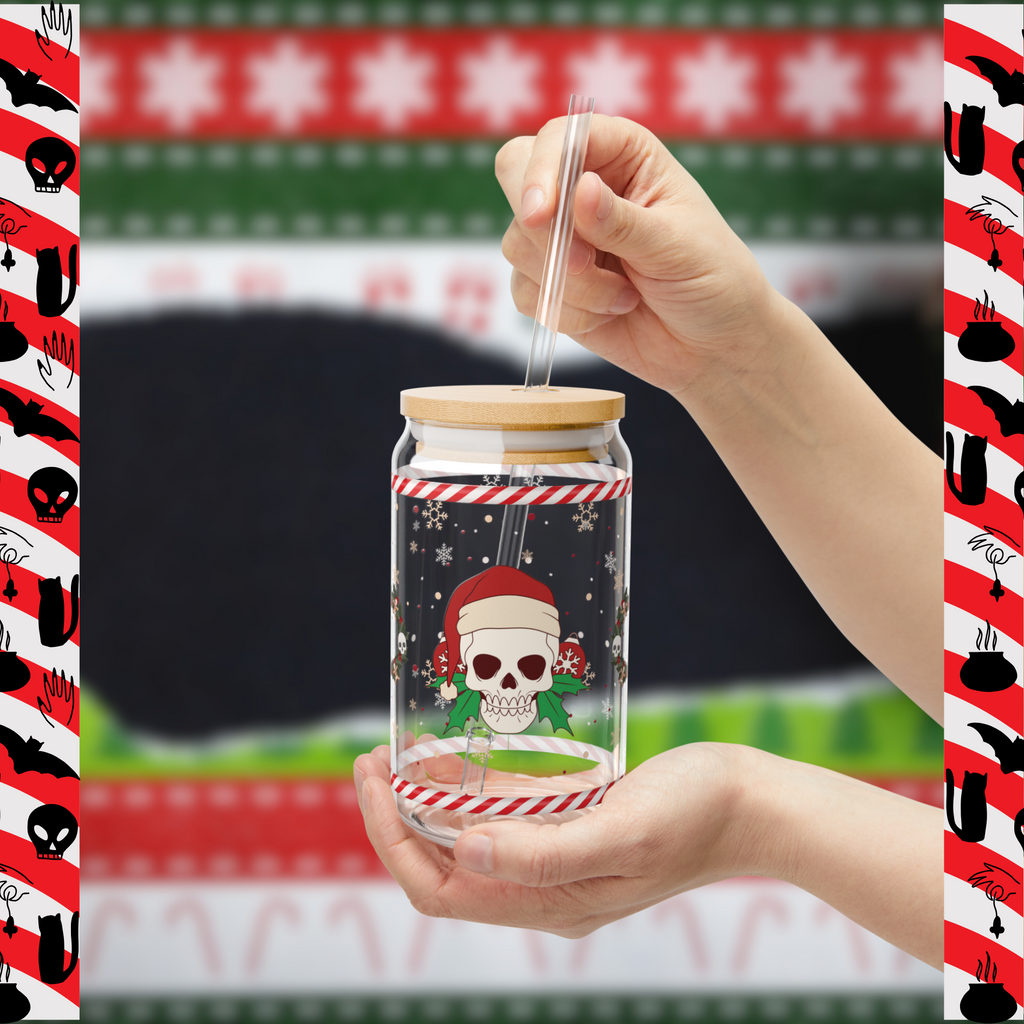 Festive Holiday Sipper Glass with Skull Design - 16oz