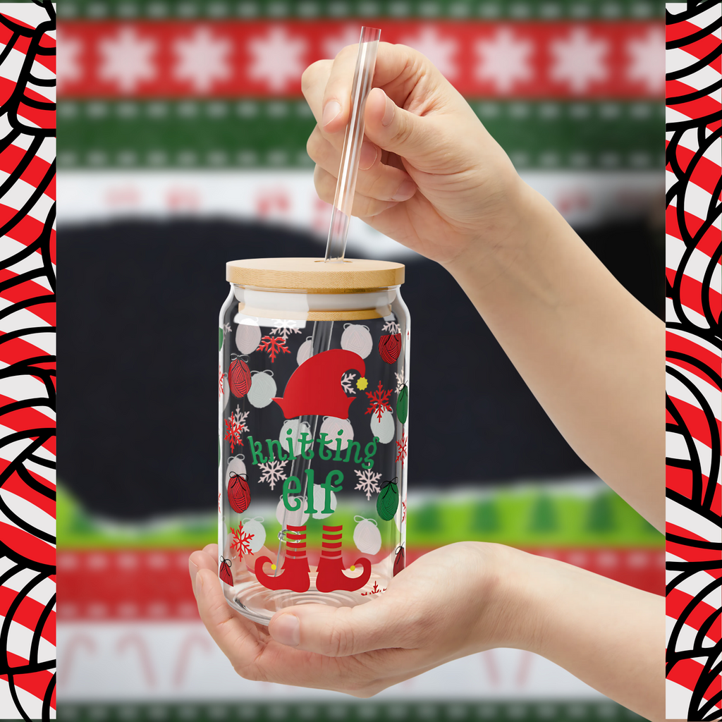 Holiday Knitting Elf Sipper Glass - 16oz Christmas Drinkware