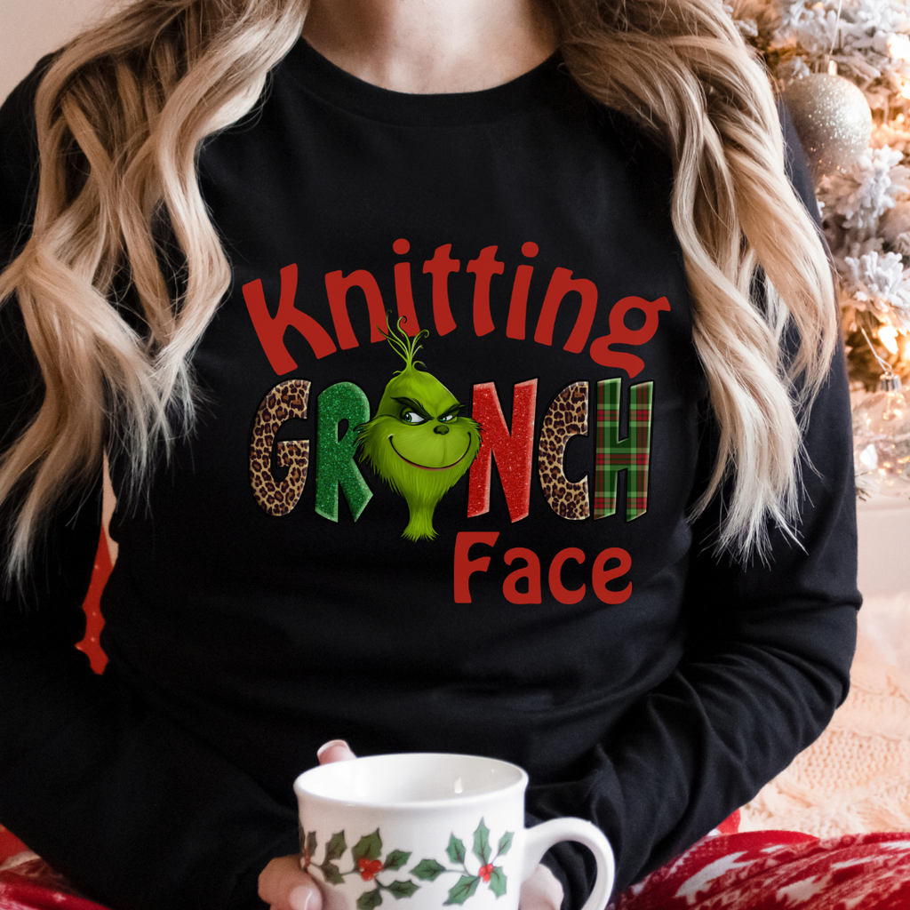 Knitting Grinch Face T-Shirt long sleeve