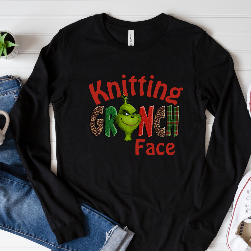 Knitting Grinch Face T-Shirt long sleeve