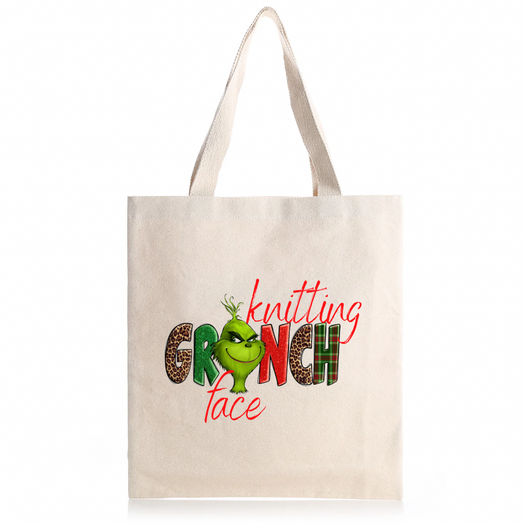 Knitting Grinch Face Canvas Tote Bag