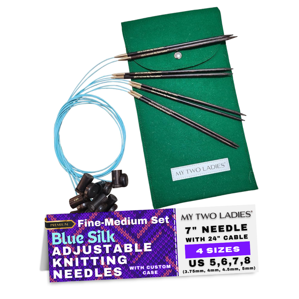 Blue Silk | Fine-Medium Set |  Adjustable Knitting Needles  | 4 Sizes | US5, US6, US7, US8 | w/custom case