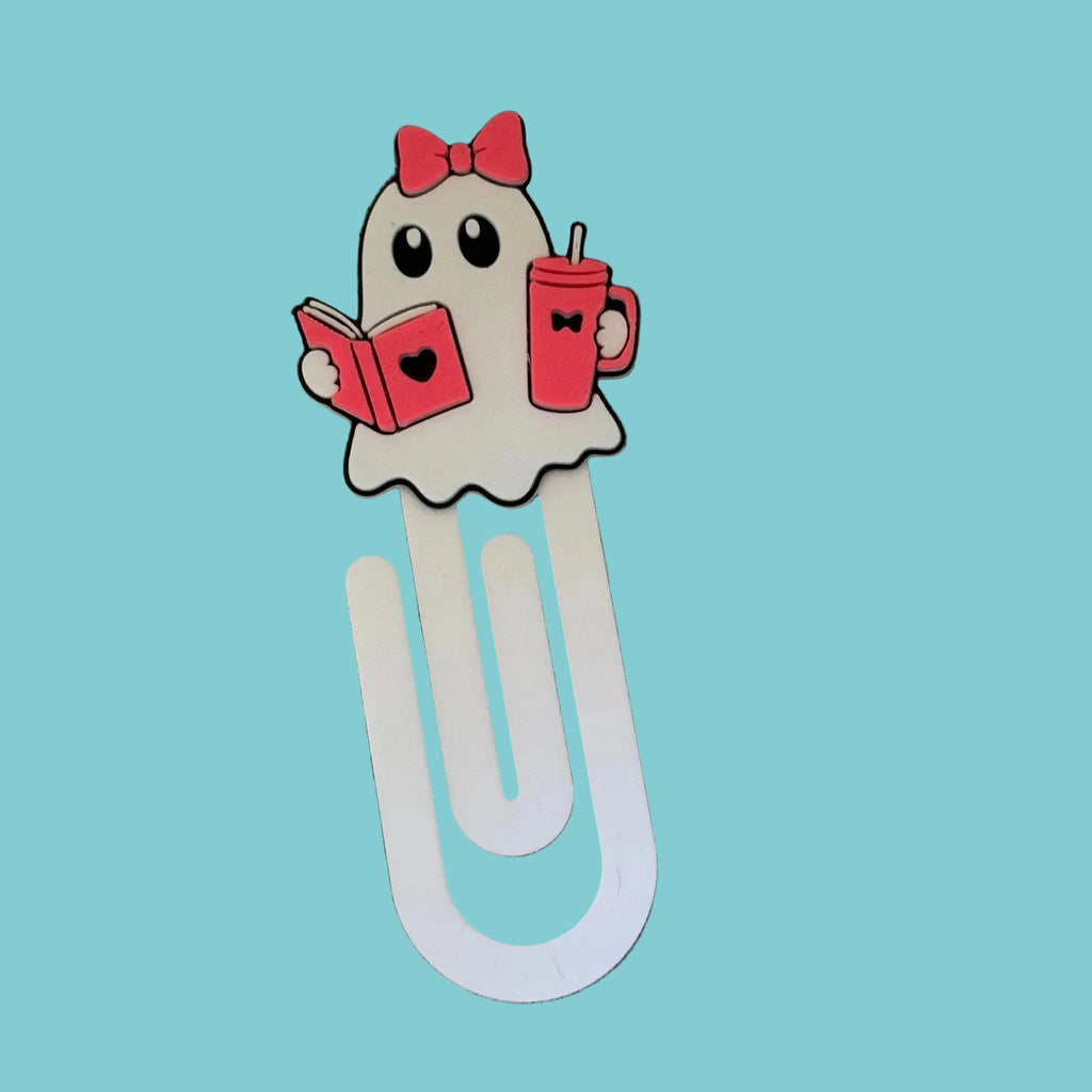 Ghost Girl Latte Sippin Bookmark with jumbo paper clip base, book and latte